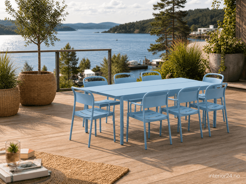 Muuto Spisegruppe Linear Steel Pale Blue Table 220 cm 8 x Linear steel Armchair, Hagemøbel utemøbel