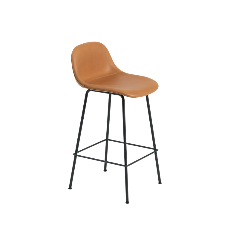 Muuto Fiber Counter Stool Tube Base 65 cm Refine Leather Cognac Anthracite Black With Backrest Barstol Tube, skinn